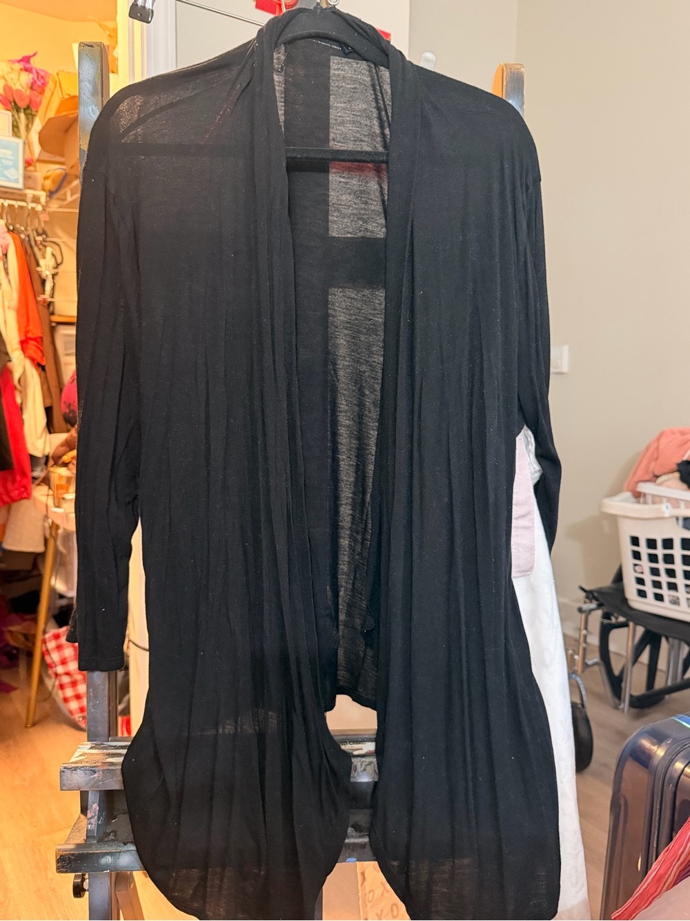 Lightweight Black Open-Front Draped Cardigan Sweater